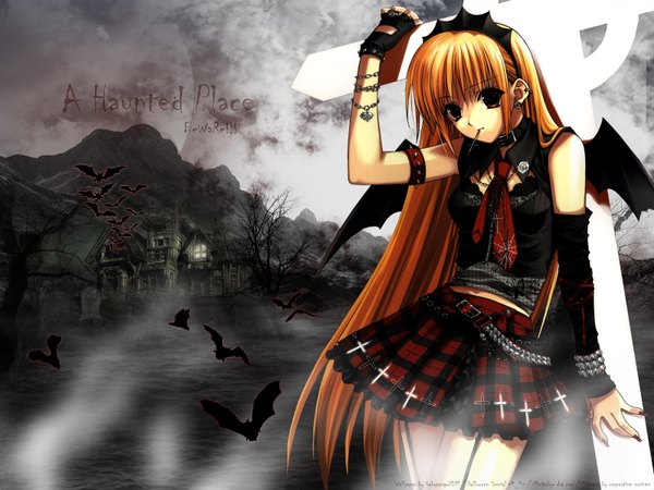 Anime picture 1600x1200 with monochrome (game) yun (monochrome) suzuhira hiro single long hair looking at viewer brown eyes orange hair night mouth hold light mountain bat wings goth-loli fog gothic girl skirt hair ornament detached sleeves