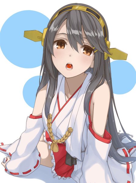 Anime picture 1000x1342 with kantai collection haruna battleship nananichi single long hair tall image blush fringe open mouth black hair simple background hair between eyes white background bare shoulders holding brown eyes payot looking away traditional clothes head tilt