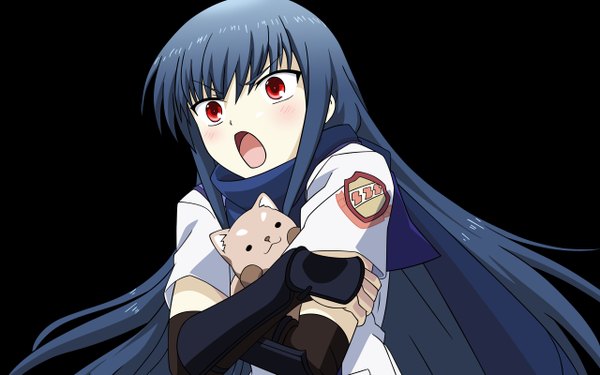 Anime picture 2560x1600 with angel beats! key (studio) ninja shiina long hair blush highres open mouth red eyes wide image blue hair black background girl toy stuffed animal