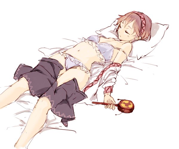 Anime picture 1200x1000 with touhou tsukumo yatsuhashi kagari6496 single short hair light erotic simple background brown hair white background lying eyes closed strap slip sleeping frilled bra frilled panties skirt pull open skirt girl skirt navel