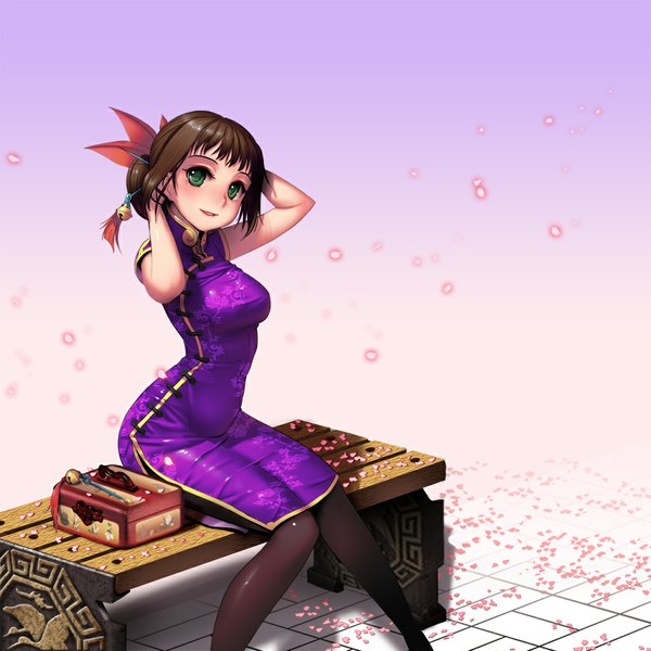 Anime picture 1024x1024 with original kamdia (artist) short hair brown hair sitting green eyes chinese clothes girl hair ornament petals chinese dress