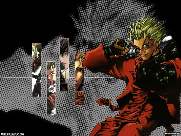 Anime picture 1024x768 with trigun vash the stampede single looking at viewer short hair blue eyes blonde hair one eye closed wink wallpaper dark skin weapon over shoulder boy gloves weapon black gloves gun sunglasses revolver