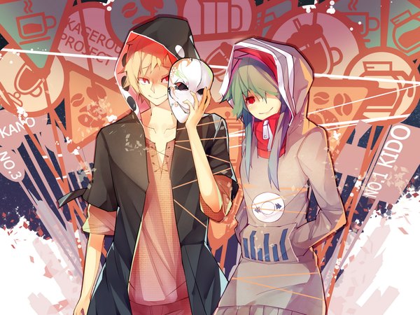 Anime picture 2000x1500 with kagerou project shaft (studio) kido tsubomi kano shuuya rain lan blush fringe highres blonde hair smile red eyes green hair hair over one eye character names hands in pockets girl boy hood mask traffic sign