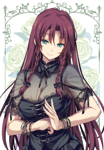 Anime picture 1046x1500 with touhou hong meiling moneti (daifuku) single long hair tall image fringe breasts smile hair between eyes cleavage upper body red hair braid (braids) aqua eyes fingernails alternate costume twin braids looking down framed