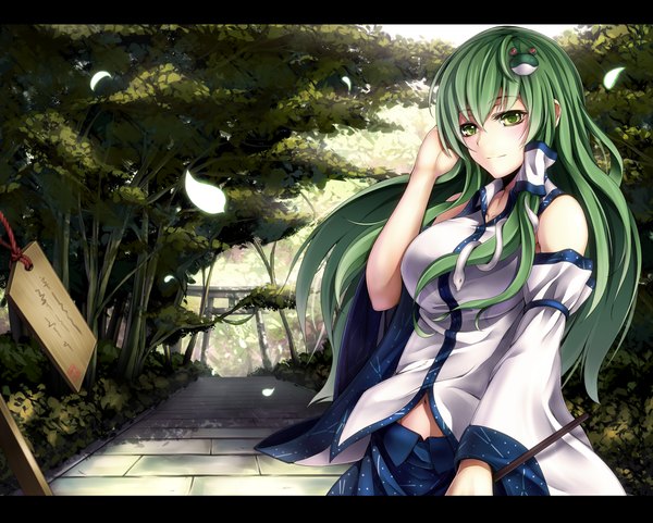 Anime picture 1600x1283 with touhou kochiya sanae izayoi-saki single long hair green eyes green hair letterboxed girl hair ornament plant (plants) detached sleeves tree (trees) leaf (leaves) hair tubes snake
