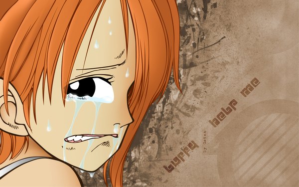 Anime picture 1920x1200 with one piece toei animation nami (one piece) single looking at viewer highres short hair wide image black eyes orange hair face crying girl