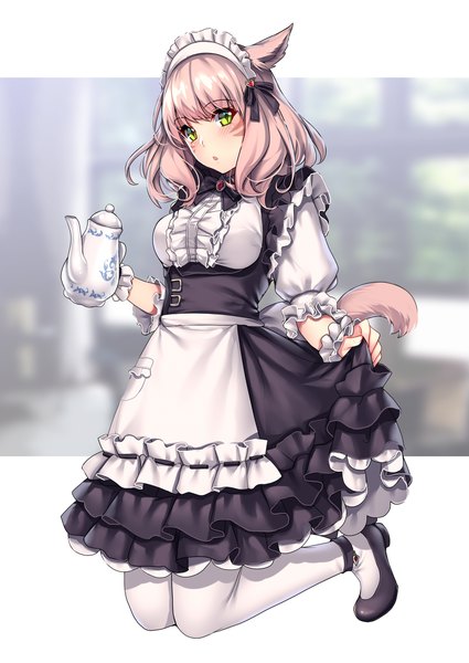Anime picture 1062x1500 with final fantasy final fantasy xiv square enix miqo'te aruma jiki tall image looking at viewer blush short hair holding green eyes animal ears pink hair tail animal tail blurry cat ears :o maid cat girl