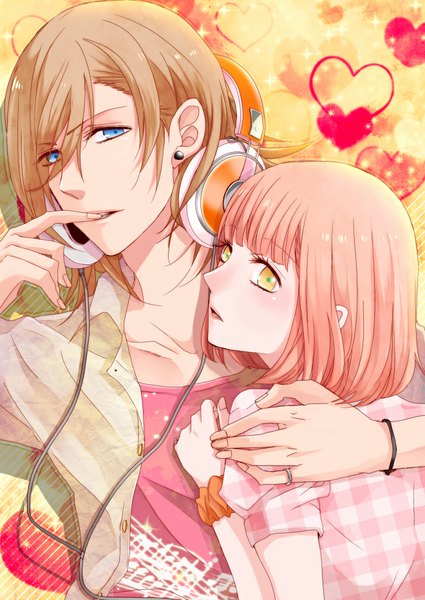 Anime picture 660x931 with uta no prince-sama a-1 pictures jinguji ren nanami haruka (uta no prince-sama) soul brother (artist) tall image blush short hair blue eyes blonde hair holding yellow eyes pink hair looking back open clothes open shirt couple hug mouth hold plaid