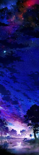 Anime picture 900x3516 with original 108 tall image cloud (clouds) night sparkle night sky reflection no people scenic river drinking fog ripples morning sunrise plant (plants) animal tree (trees) water