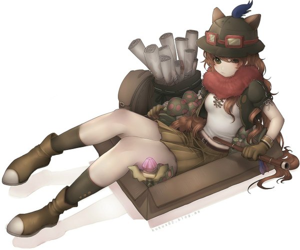 Anime picture 1226x1024 with league of legends teemo (league of legends) kukux62 (artist) single long hair looking at viewer simple background brown hair white background holding green eyes animal ears open clothes open jacket genderswap girl skirt gloves jacket boots