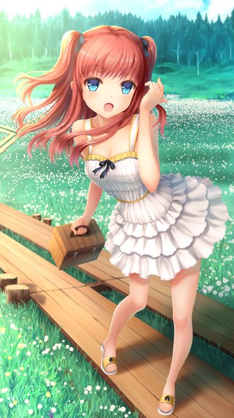 Anime picture 1215x2160 with original youbou single long hair tall image looking at viewer blush open mouth blue eyes pink hair two side up revision girl dress flower (flowers) plant (plants) tree (trees) white dress bag grass