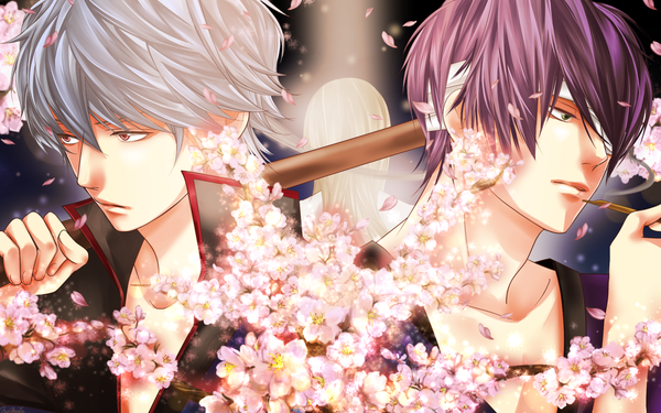 Anime picture 1600x1000 with gintama sunrise (studio) sakata gintoki takasugi shinsuke yoshida shouyou momota (artist) short hair red eyes brown hair wide image green eyes silver hair purple hair from behind cherry blossoms smoke smoking bandage over one eye boy flower (flowers)