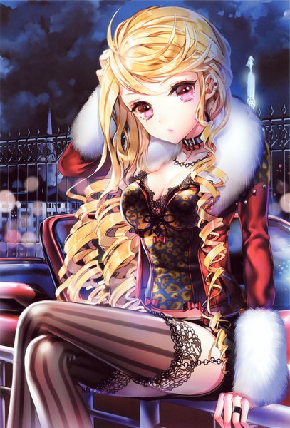 Anime picture 1950x2875 with sword girls cinia pacifica cocoon (loveririn) single long hair tall image looking at viewer highres blonde hair sitting cleavage pink eyes fur trim crossed legs drill hair evening hand on head girl thighhighs choker