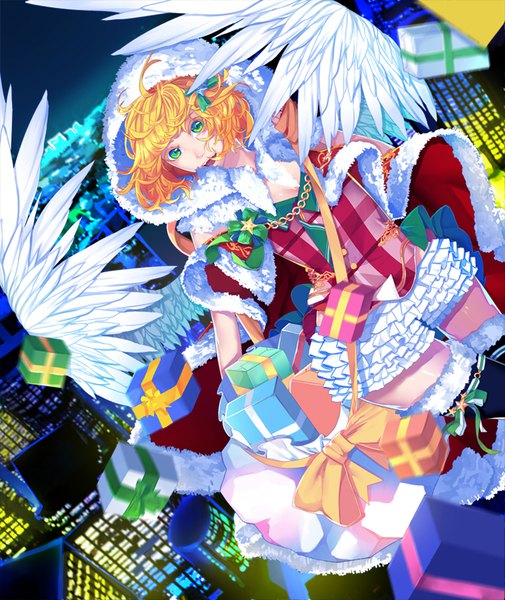 Anime picture 758x900 with original shei99 single tall image looking at viewer short hair open mouth blonde hair green eyes blurry night dutch angle depth of field fur trim turning head city cityscape flying angel wings white wings