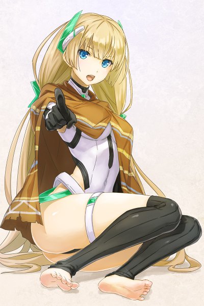 Anime picture 800x1200 with expelled from paradise angela balzac fukukitaru single tall image looking at viewer fringe open mouth blue eyes light erotic blonde hair simple background sitting twintails payot full body ass very long hair barefoot grey background