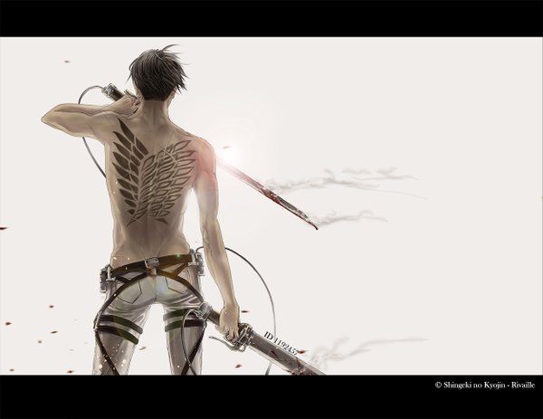 Anime picture 1251x967 with shingeki no kyojin production i.g levi (rivaille) rainnoir single short hair black hair simple background holding signed from behind tattoo back topless smoke dual wielding boy weapon sword belt