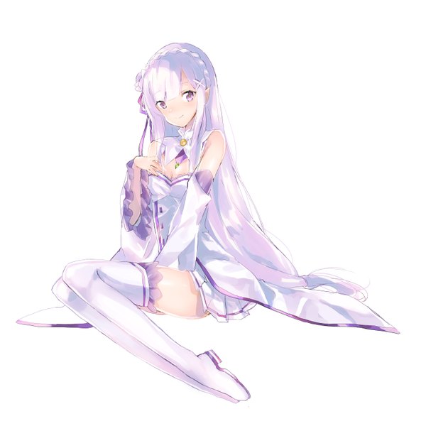 Anime picture 2894x2894 with re:zero kara hajimeru isekai seikatsu white fox emilia (re:zero) usada (usd614) single long hair fringe highres simple background smile white background sitting purple eyes bare shoulders payot looking away purple hair full body blunt bangs pointy ears