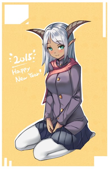 Anime picture 971x1500 with original saiste single long hair tall image blush smile green eyes silver hair horn (horns) pointy ears dark skin new year happy new year 2015 girl skirt pantyhose scarf clothes