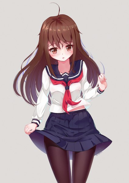 Anime picture 2480x3507 with original gh (chen ghh) single long hair tall image looking at viewer blush highres brown hair brown eyes grey background girl skirt uniform pantyhose serafuku black pantyhose