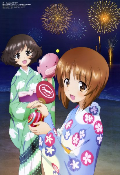 Anime picture 4089x5929 with girls und panzer megami magazine nishizumi miho akiyama yukari tall image looking at viewer blush highres short hair open mouth black hair brown hair multiple girls brown eyes absurdres traditional clothes japanese clothes official art beach fireworks
