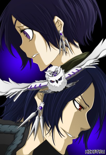 Anime picture 1024x1500 with katekyou hitman reborn rokudo mukuro chrome dokuro hike13 tall image short hair smile red eyes purple eyes blue hair purple hair profile heterochromia coloring close-up face girl boy earrings animal