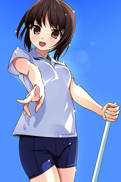 Anime picture 800x1200 with original matsunaga kouyou single tall image looking at viewer blush short hair open mouth brown hair brown eyes victory blue background girl uniform gym uniform
