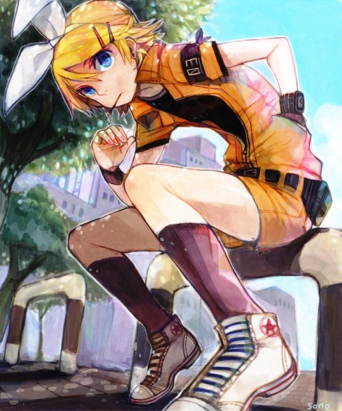Anime picture 2000x2400 with vocaloid kagamine rin sono (pixiv) single tall image highres short hair blue eyes blonde hair sitting casual girl thighhighs bow plant (plants) tree (trees) clock sneakers wristwatch