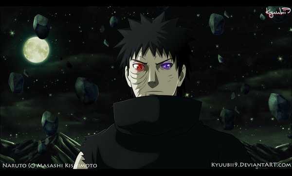 Anime picture 1280x773 with naruto studio pierrot naruto (series) uchiha obito tobi kyuubii9 single short hair black hair red eyes wide image purple eyes cloud (clouds) night night sky heterochromia coloring torn clothes scar mountain