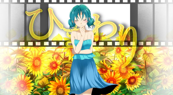 Anime picture 1500x826 with vocaloid gumi mariwai (marireroy) single blush short hair wide image bare shoulders eyes closed green hair girl dress sunflower