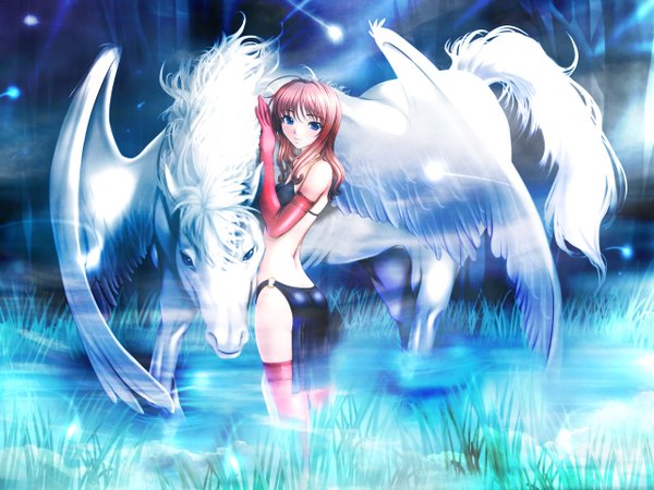 Anime picture 1280x960 with shichinin no online gamers tetuko sano toshihide blue eyes brown hair red hair girl thighhighs water pegasus