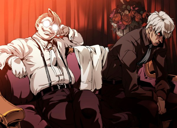 Anime picture 1053x765 with hellsing tagme (character) major (hellsing) fringe short hair blonde hair smile red eyes sitting white hair hair over one eye multiple boys boy gloves flower (flowers) glasses necktie rose (roses) 2 boys suit