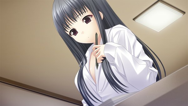 Anime picture 1280x720 with morobito kozorite (game) single long hair black hair wide image brown eyes game cg girl