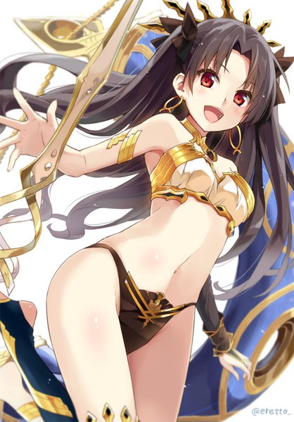 Anime picture 700x1004 with fate (series) fate/grand order ishtar (fate) eretto single long hair tall image looking at viewer blush light erotic black hair simple background red eyes white background bare shoulders signed two side up twitter username floating hair girl