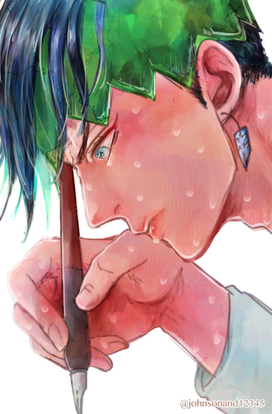 Anime picture 889x1353 with jojo no kimyou na bouken kishibe rohan josee single tall image short hair blue eyes simple background white background signed blue hair profile lips sweat looking down serious boy earrings hairband hand