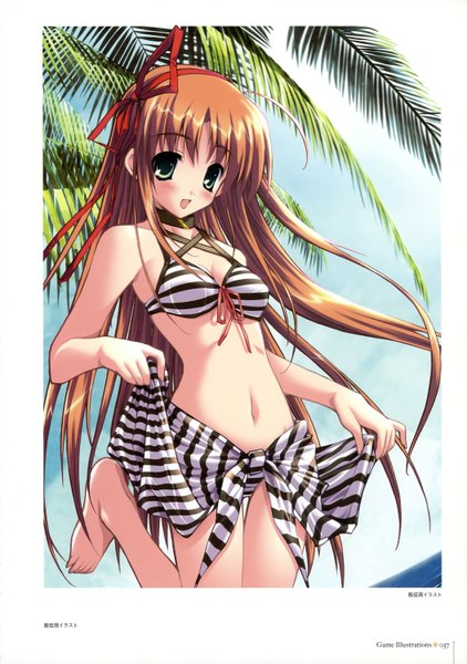 Anime picture 1054x1500 with alpeggio kitami chisato amane sou single long hair tall image open mouth green eyes girl ribbon (ribbons) swimsuit plant (plants) hair ribbon bikini tree (trees) palm tree
