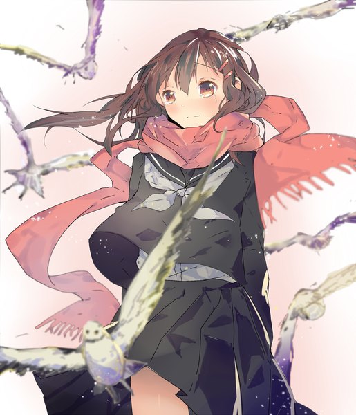 Anime picture 1168x1359 with kagerou project shaft (studio) tateyama ayano shutun single long hair tall image blush brown hair brown eyes looking away wind tears hands behind back girl uniform hair ornament animal serafuku hairclip