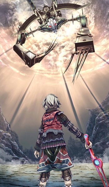 Anime picture 756x1300 with xenoblade shulk metal face maedarake tall image short hair blonde hair red eyes sky cloud (clouds) from behind mountain rock boy weapon sword armor monster robot mecha