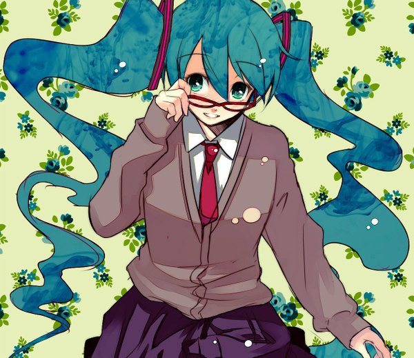 Anime picture 1254x1085 with vocaloid hatsune miku furai (furai127) blush simple background smile hair between eyes twintails very long hair aqua eyes aqua hair girl uniform flower (flowers) school uniform glasses necktie