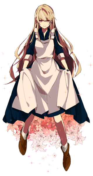 Anime picture 692x1300 with kagerou project shaft (studio) mary (kagerou project) mikanururu single long hair tall image fringe simple background blonde hair smile white background holding bent knee (knees) pink eyes looking down girl dress flower (flowers)