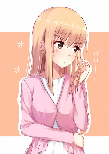 Anime picture 904x1280 with himouto! umaru-chan doga kobo doma umaru itachi kanade single long hair tall image fringe blonde hair brown eyes looking away adjusting hair girl