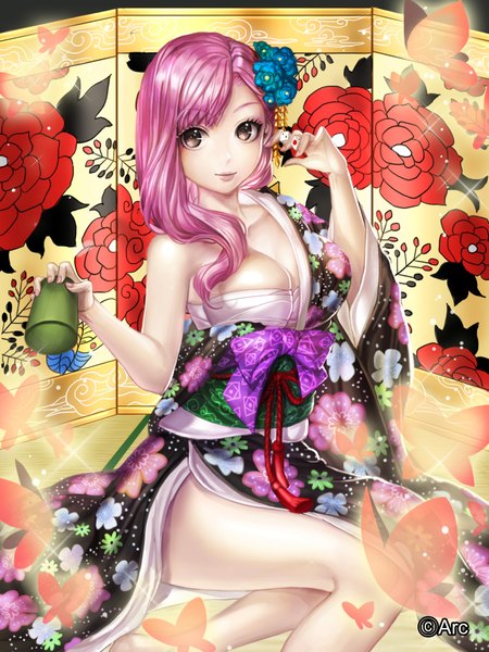 Anime picture 1440x1920 with bbbox (hotpppink) single long hair tall image fringe breasts light erotic sitting brown eyes pink hair nail polish traditional clothes japanese clothes hair flower fingernails lips legs girl hair ornament flower (flowers)
