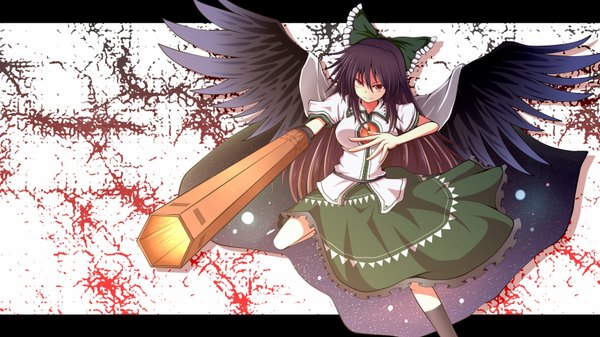 Anime picture 1600x900 with touhou reiuji utsuho dash (rararu) single long hair black hair red eyes wide image letterboxed starry sky print arm cannon girl dress bow weapon hair bow wings