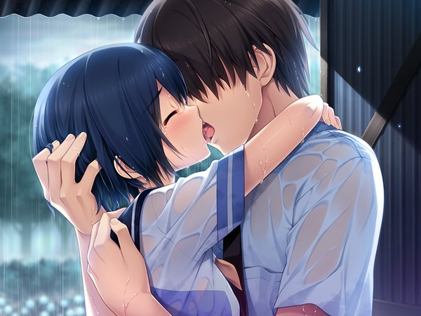 Anime picture 1024x768 with uhou renka tsukayama nagisa short hair black hair game cg eyes closed rain kiss french kiss girl boy serafuku