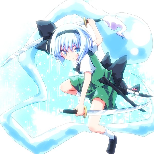 Anime picture 2000x2000 with touhou konpaku youmu myon ayakashi (monkeypanch) single looking at viewer fringe highres short hair blue eyes smile hair between eyes holding full body bent knee (knees) white hair short sleeves puffy sleeves dual wielding girl