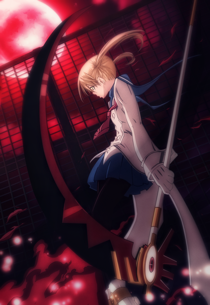 Anime picture 2066x3000 with soul eater studio bones maka albarn soul eater evans nuclearagent single long hair tall image highres blonde hair red eyes cloud (clouds) profile pleated skirt black eyes night sky coloring girl gloves uniform