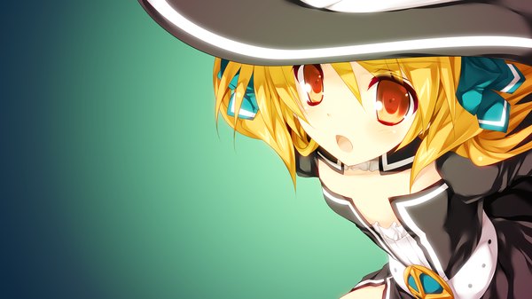 Anime picture 1280x720 with revolver girl hammer lady scarlet kiriko shimesaba kohada long hair open mouth blonde hair red eyes wide image game cg green background girl dress hat