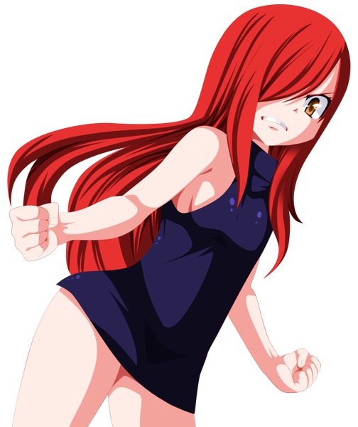 Anime picture 2520x3000 with fairy tail erza scarlet tongasart single long hair tall image fringe highres light erotic brown eyes red hair hair over one eye grin coloring transparent background angry girl fist