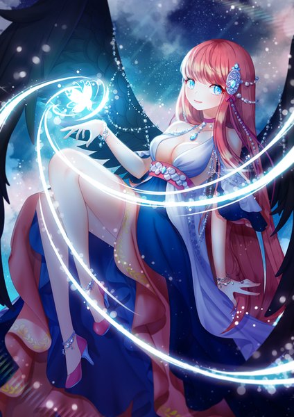 Anime picture 800x1132 with original ming (applem7) single tall image looking at viewer blue eyes pink hair very long hair girl dress hair ornament wings insect butterfly