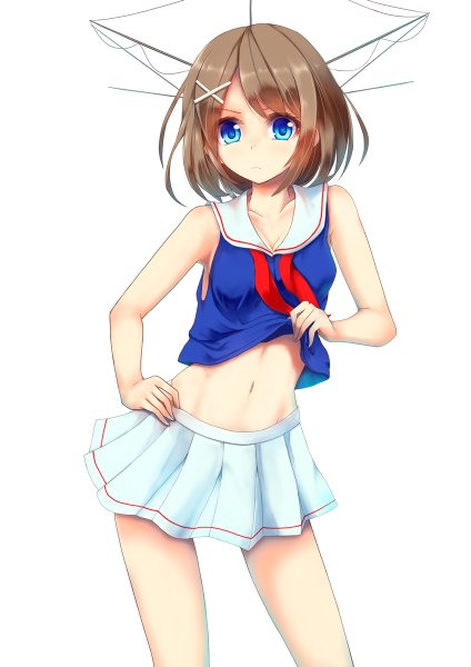 Anime picture 848x1200 with kantai collection maya heavy cruiser maya (kantai collection) konkito single tall image looking at viewer short hair blue eyes simple background brown hair white background midriff girl skirt navel x hair ornament