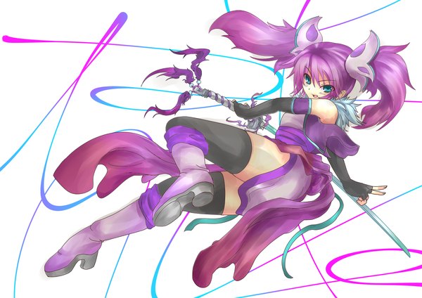 Anime picture 1200x848 with original hisenkaede single long hair open mouth twintails green eyes purple hair legs girl thighhighs gloves hair ornament weapon black thighhighs sword boots katana